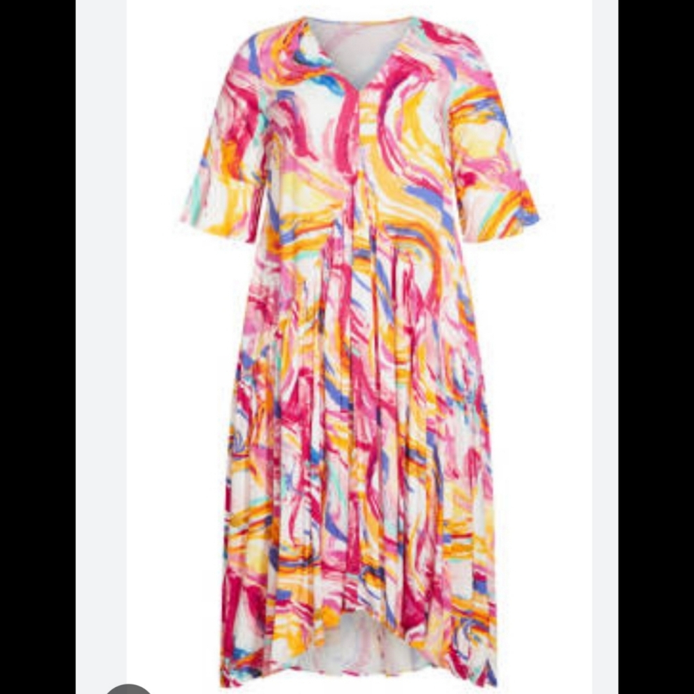 loralette V-Neck Maxi Dress in Pink, Yellow, Blue Abstract Print